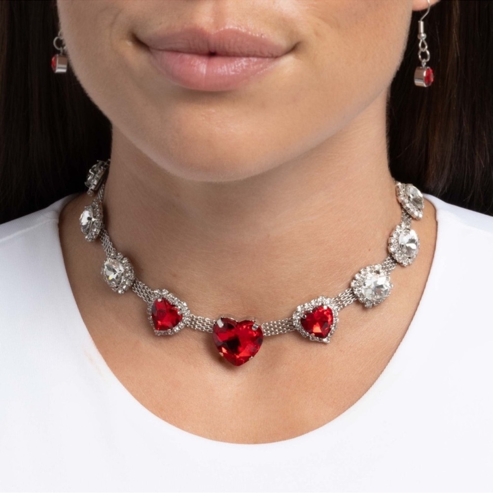NWT Paparazzi Necklace & Earrings Set Red/White Crystals in Silver Tone Setting